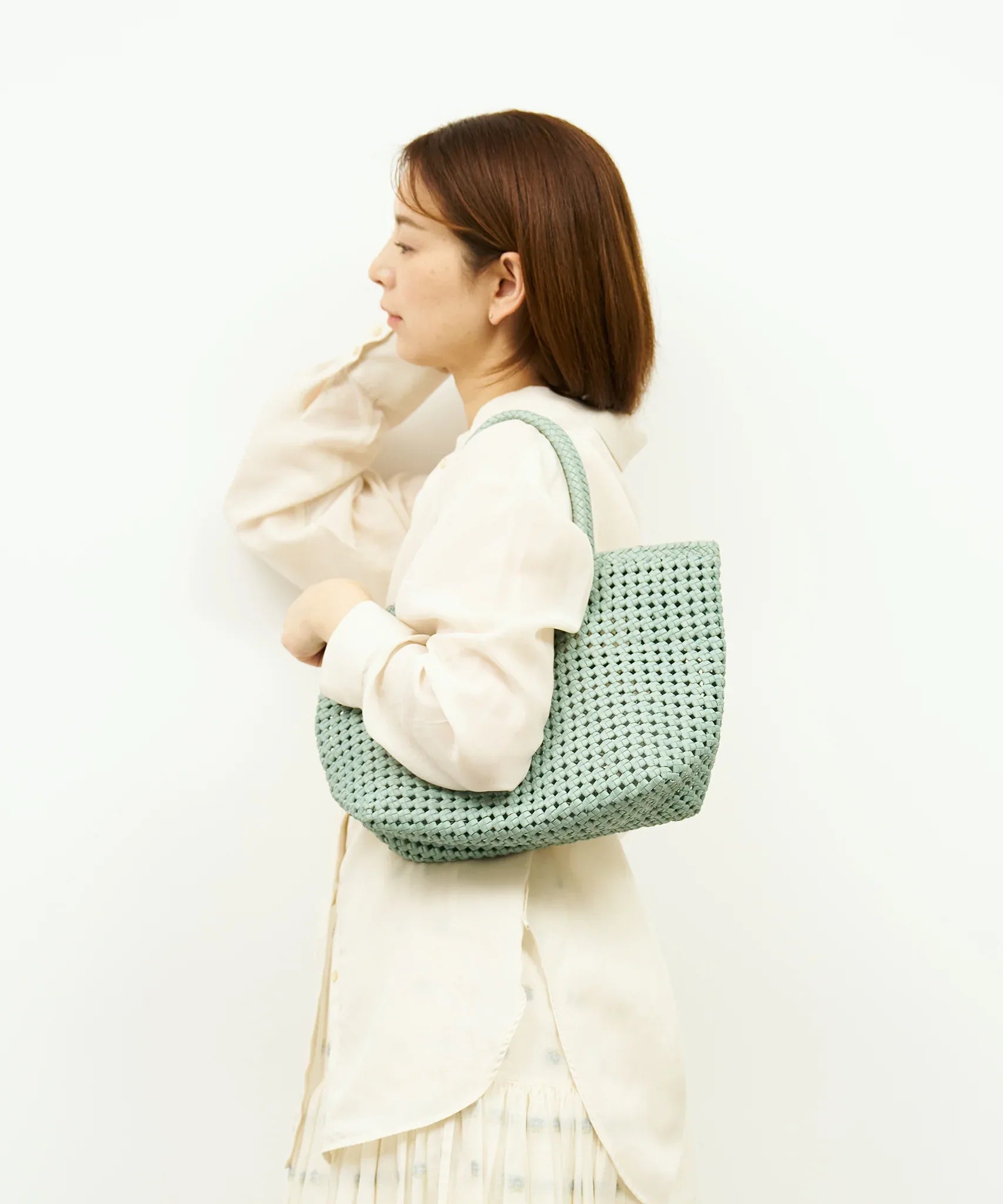 Basket tote bag S (sage green) / goatskin