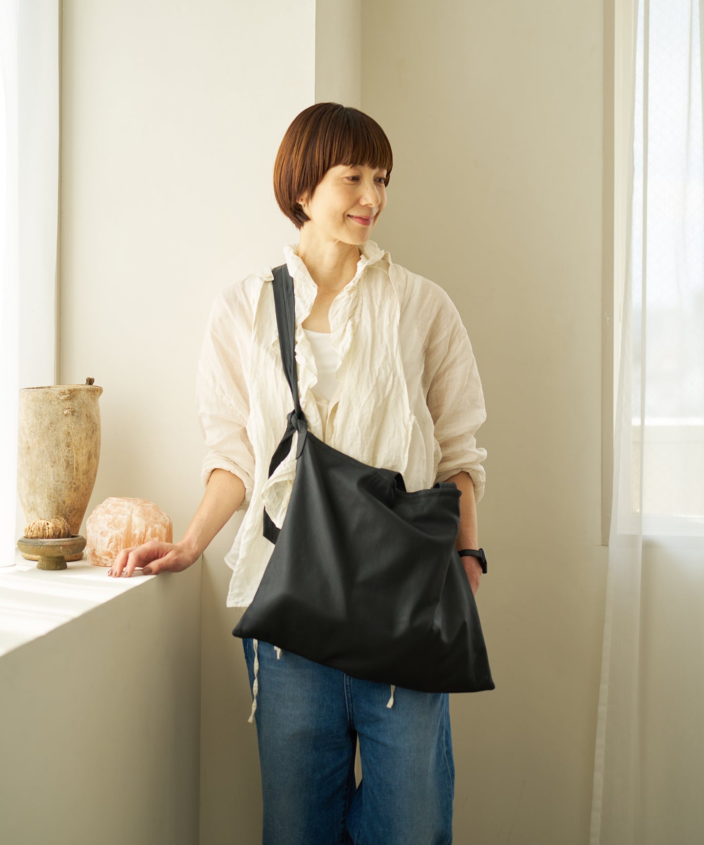 2way Square shoulder bag - Black  / goatskin Bare