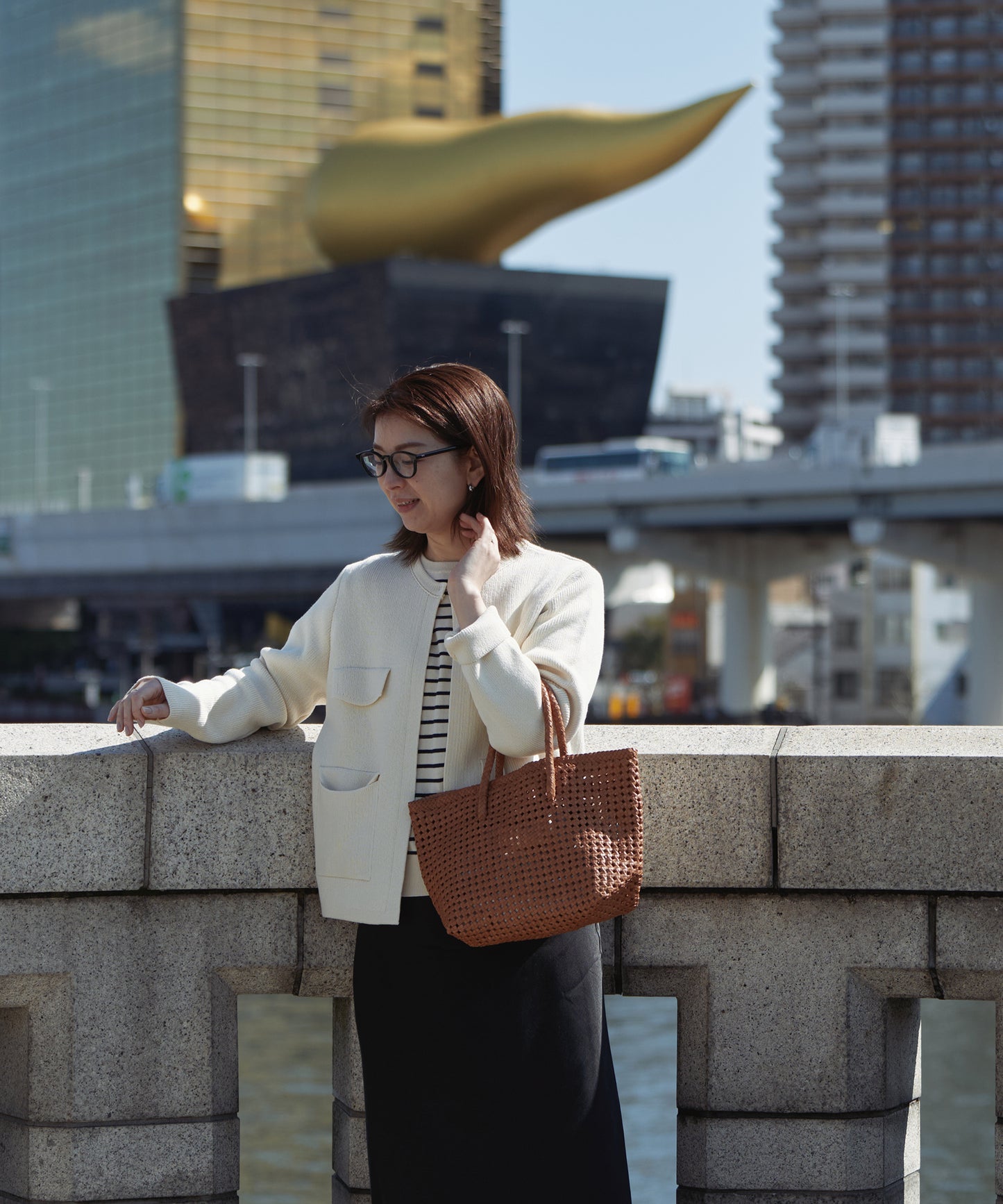 Basket tote bag S - Camel / goatskin Goat mesh