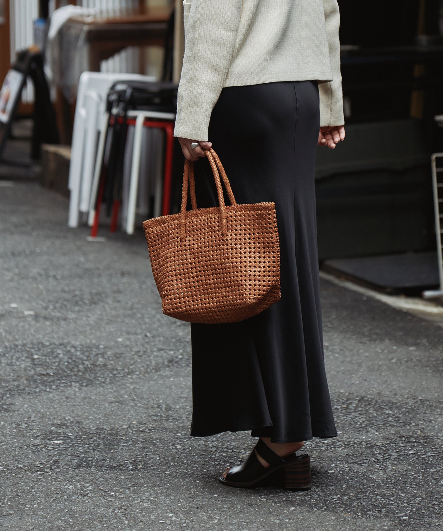 Basket tote bag S - Camel / goatskin Goat mesh