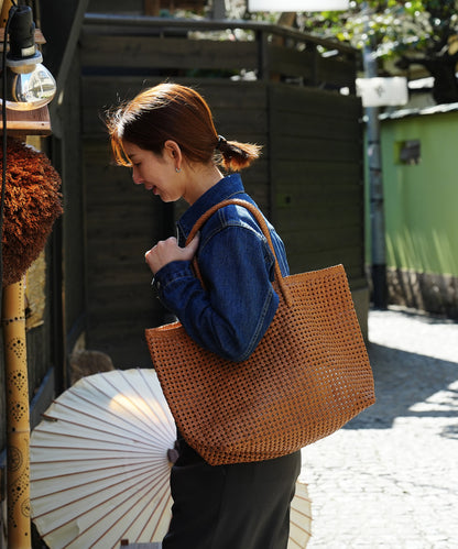 Basket tote bag L - Camel / goatskin Goat mesh