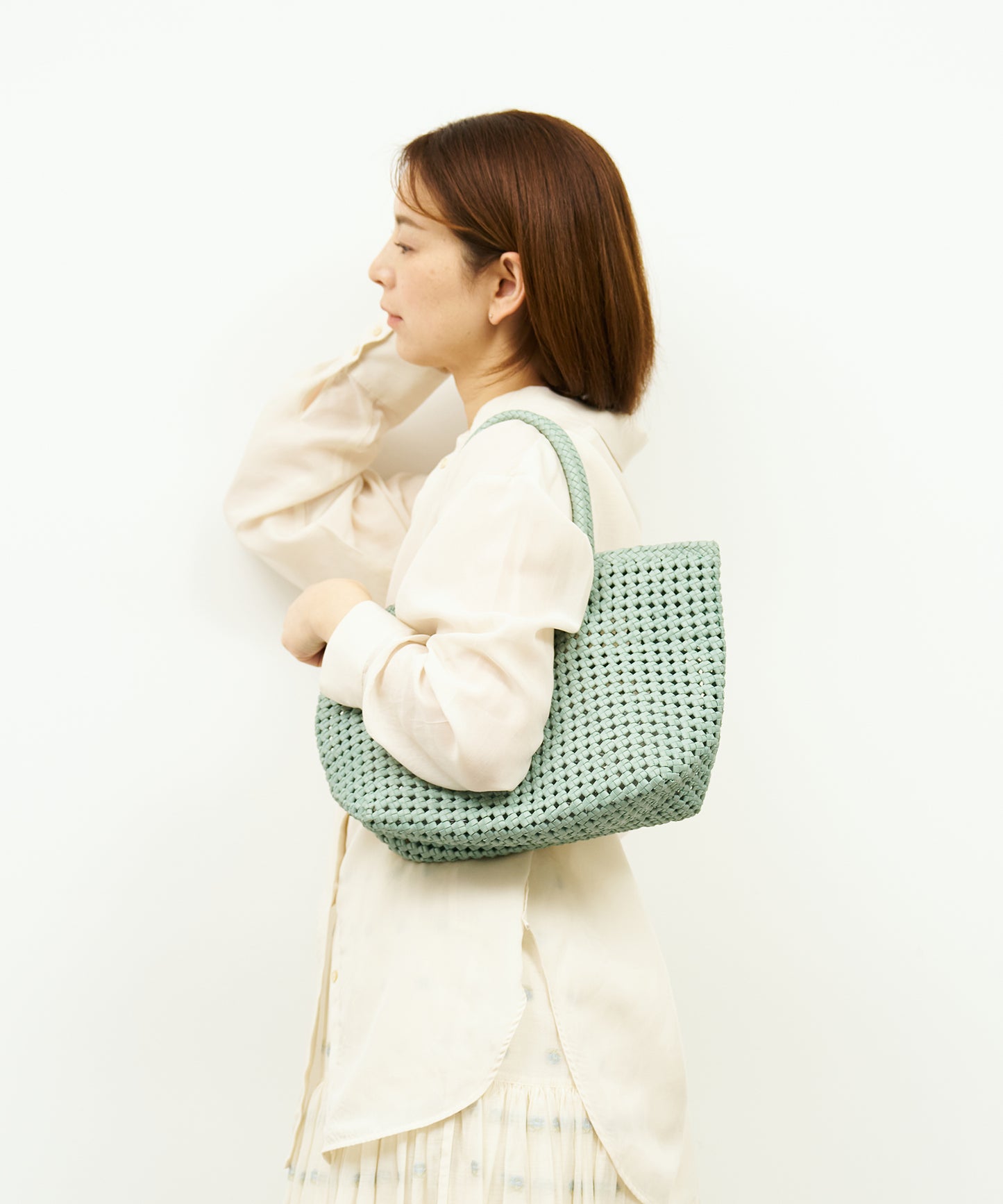 #16/ Basket tote bag S (sage green) / goatskin "GOAT MESH "