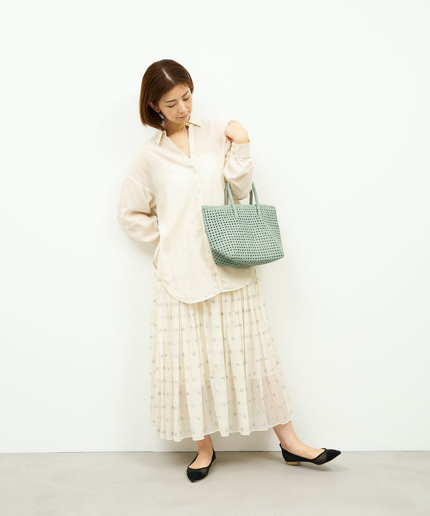 #16/ Basket tote bag S (sage green) / goatskin "GOAT MESH "