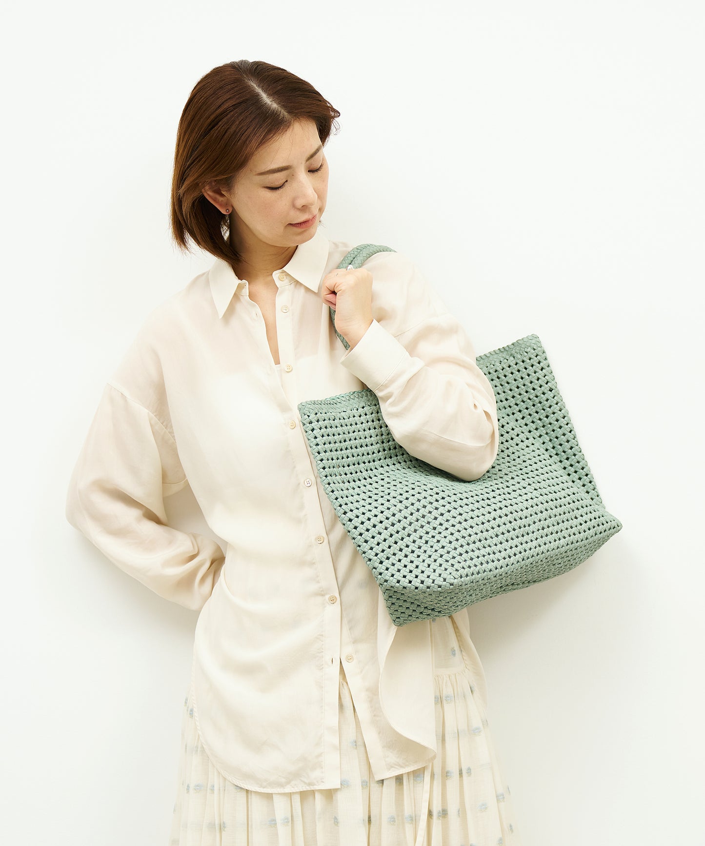#16/ Basket tote bag L (sage green) / goatskin "GOAT MESH "