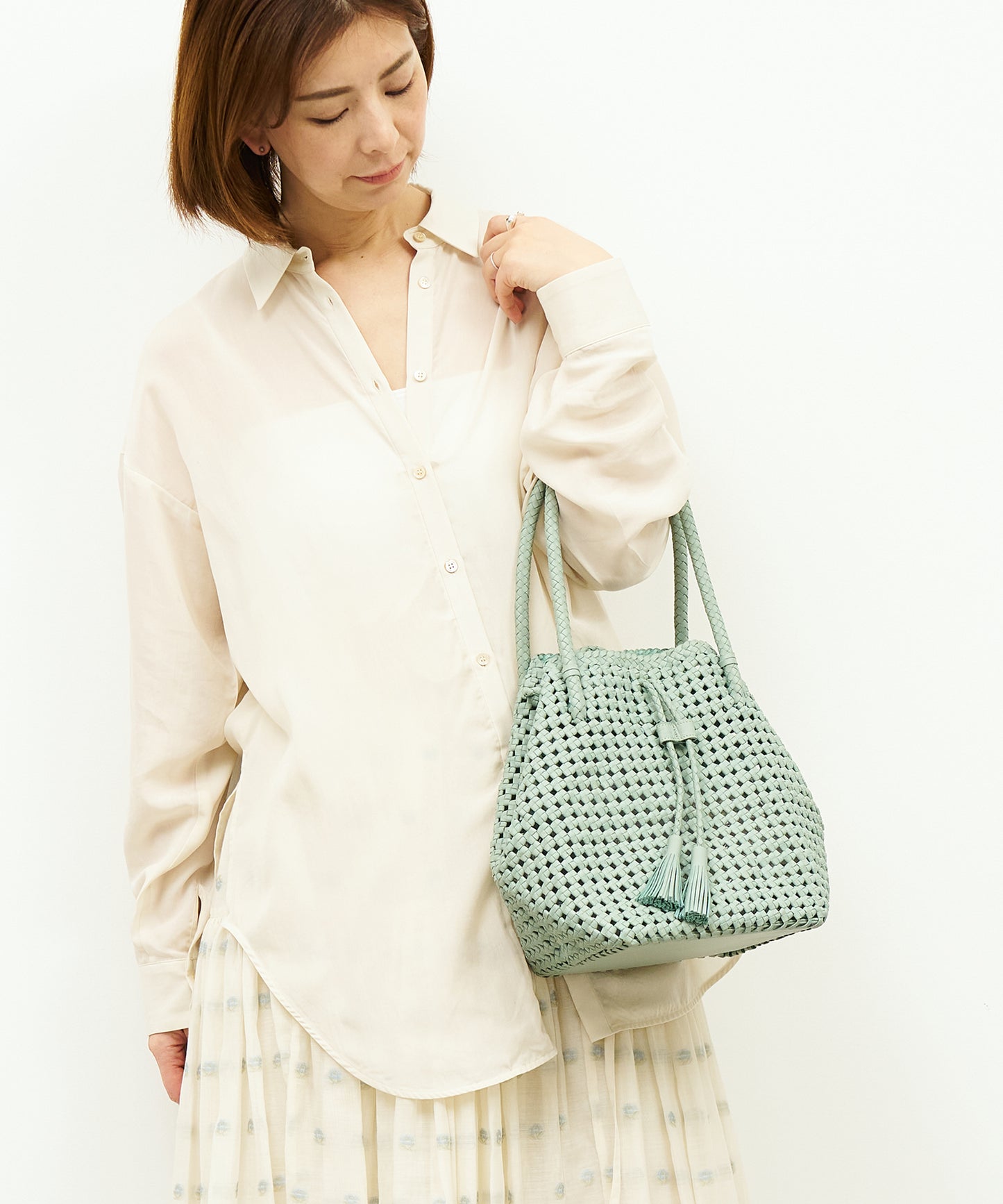#16/ Tassel tote bag (sage green) / goatskin "GOAT MESH "