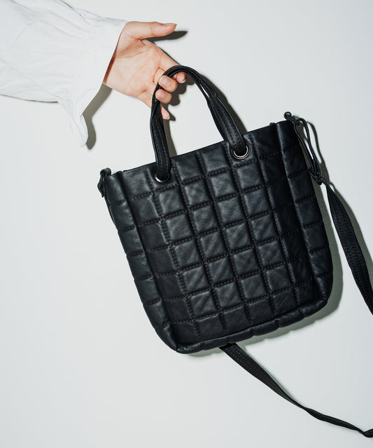 Grid 2way tote bag (black) / goatskin "BARE"